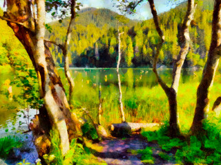 Naklejka na ściany i meble Trees in front of the lake oil painting