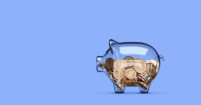 Glass piggy bank stuffed with growing coins. Stop motion animation. 3d rendering