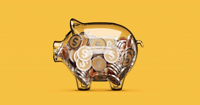 Glass piggy bank stuffed with growing coins. Stop motion animation. 3d rendering