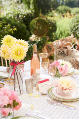 Table set for wedding reception outdoors