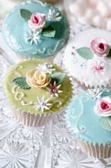 Close up of decorated cupcakes