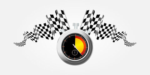Obraz premium Waving checkered flag for racing competition on black background with a stopwatch. Vector illustration.