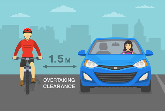 Driver overtaking a cyclist on road. Top view of cycling bike rider. Keep your distance for safety ride. Flat vector illustration.