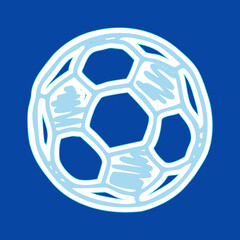 Sticker. Cartoon soccer ball. Isolated icon drawn by hand. Vector illustration of a subject on a blue background. Doodle style. Element for scrapbooking, banners, cards, etc.