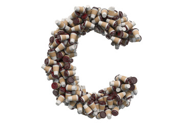Letter C from disposable cups of coffee or tea, 3D rendering