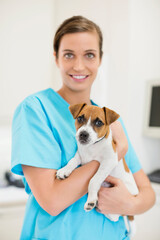 Veterinarian holding dog in vet's surgery