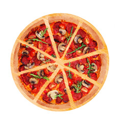 Sliced hot pizza with spicy salami, arugula, cherry tomatoes, mushrooms and texas spice mix, on a round wooden platter, isolated on white background, top view