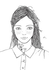 Young beautiful girl and flowers. Doodle mounts and sand sun. Summer. Adult coloring book page. Black and white. 