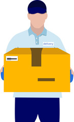 a man with a box in his hands stands, a person delivers in a cardboard box, brings goods home, isolated picture on a white background, the illustration uses the flat style,insert text