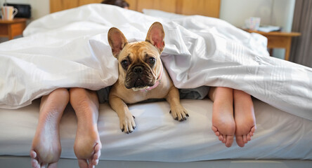 Dog laying under covers with couple - Powered by Adobe