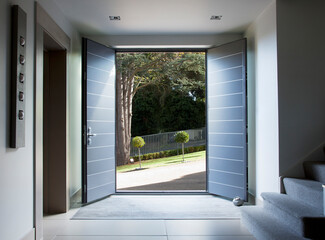 Front doors and walkway of modern home