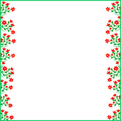 Orange flowers on the edges with bright green leaves on a white background. Drawings with colored pencils.