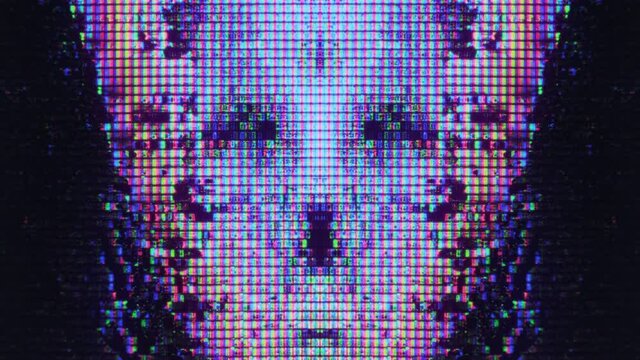 Digital glitch art. Cyberspace knowledge. Purple blue real pixel noise abstract alien face pattern.