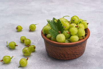 Gooseberries in a ceramic bowl close-up on a light background.