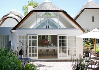 Dining room and backyard of modern house