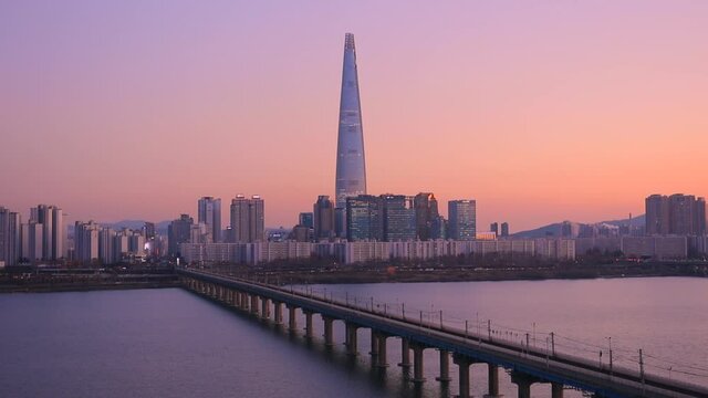 Beautiful  twilight of Seoul City at Sunset and han river South Korea