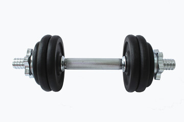 Fototapeta na wymiar Dumbbells for the gym, weight for training. Black circles with weight and iron and silver skeleton, for exercise, for muscels
