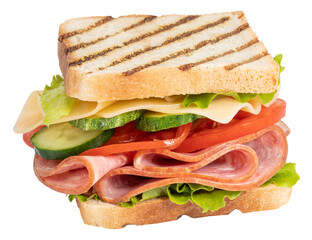 Sandwich with ham, cheese, tomato, lettuce and toasted bread isolated on a white background