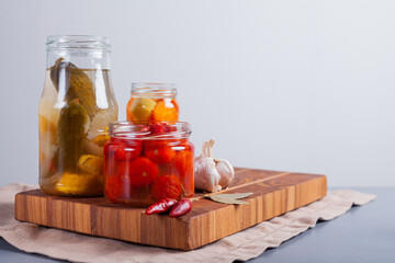 Fermented vegetables in jars on the table