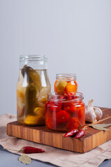 Fermented vegetables in jars on the table