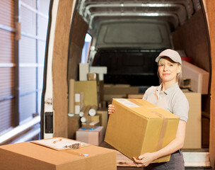 Delivery girl unloading boxes from van