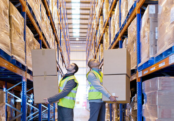 Workers carrying boxes in warehouse - obrazy, fototapety, plakaty