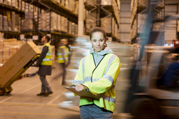 Worker holding clipboard in warehouse - obrazy, fototapety, plakaty