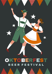 Oktoberfest Beer Festival poster design with a happy couple in traditional Bavarian clothes dancing under bunting above text, colored vector illustration