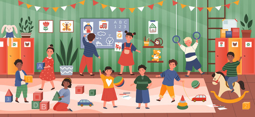 Colorful panorama banner of diverse kids in Kindergarten class happily pursuing a variety of activities in the classroom, colored vector illustration