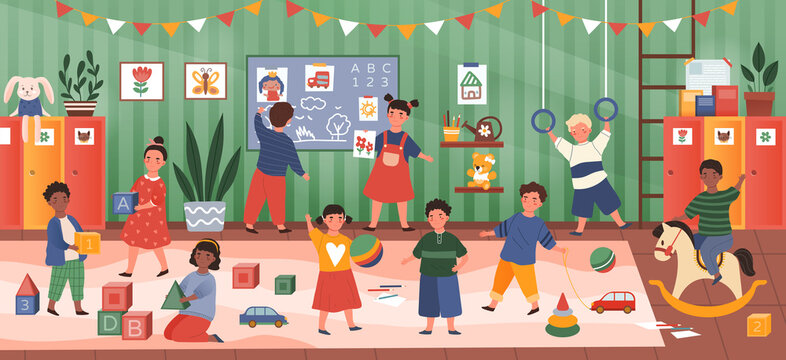 Colorful Panorama Banner Of Diverse Kids In Kindergarten Class Happily Pursuing A Variety Of Activities In The Classroom, Colored Vector Illustration