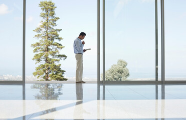 Businessman using tablet computer at office window