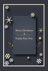 Fototapeta na wymiar Luxury Elegant Merry Christmas and happy new year Poster Template with Shining Gold Snowflakeson grey 3D background. Snowflake frame and sparkles. Illustration.
