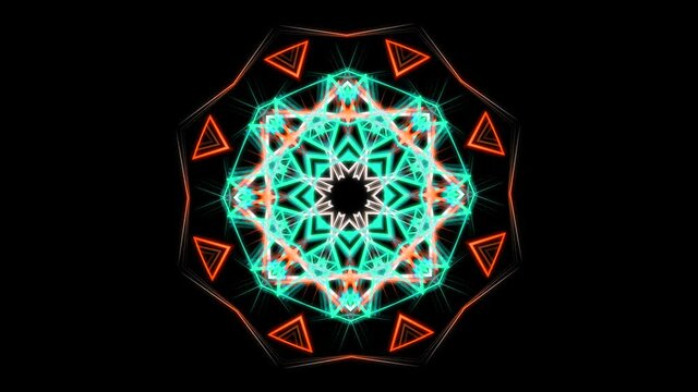 Blue and orange kaleidoscopic abstract pattern. Stock footage. Hypnotic motion of symmetrical figure with bended lines looking like digital flower isolated on black background, seamless loop.