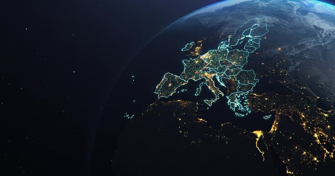 Planet Earth from Space European Union Countries highlighted teal glow, 2020 political borders and counties, city lights, animation 3d illustration, elements of this image courtesy of NASA