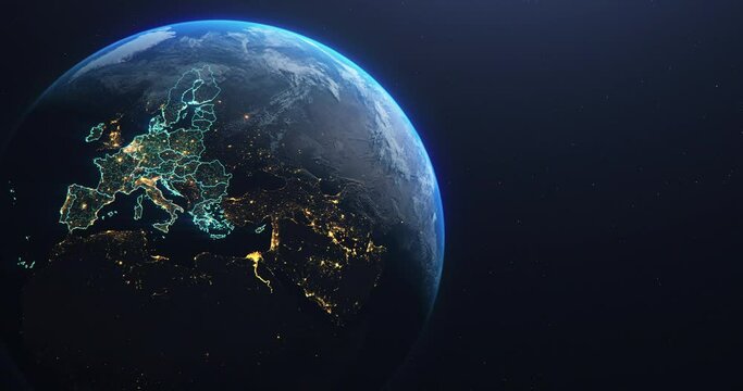 Planet Earth from Space European Union Countries highlighted teal glow, 2020 political borders and counties, city lights, animation 3d illustration, elements of this image courtesy of NASA