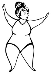 Body positive girl doing sport, overweight woman healthy lifestyle illustration in sketch minimalist style black isolated on white
