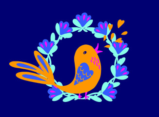 Ethno illustration singing bird with hearts in floral garland folklore ornament stylized, cian and yellow colors
