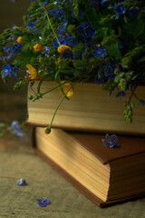 books with flowers close up in vintage style