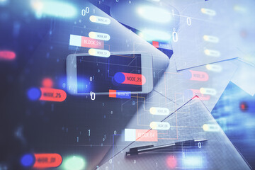 Double exposure of technology theme drawing over work table desktop. Top view. Global data analysis concept.