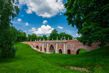 The Big Bridge over the ravine at Tsaritsyno Estate of Queen Catherine the Great in Moscow, Russia....