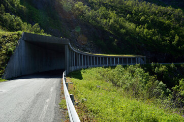 semi tunnel in mountain side on senja island for falling rock protection