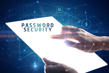 Holding futuristic tablet with PASSWORD SECURITY inscription, cyber security concept