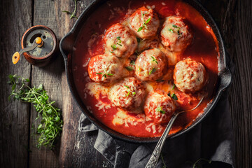 Closeup of spicy meatballs with cheese and tomato sauce