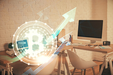 Fototapeta premium Double exposure of crypto technology theme drawing and office interior background. Concept of blockchain.