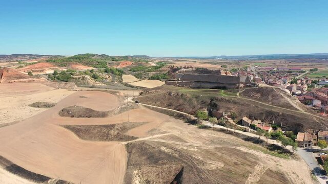 aerial view over the castle, San Esteban de Gormaz town and the old abandoned railway, province of Soria, Castile and Leon, Spain