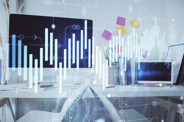 Double exposure of financial graph drawing and office interior background. Concept of stock market.