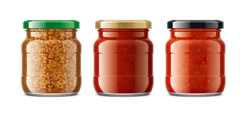 Set of Glass Jars with Sauces, Mustard. 