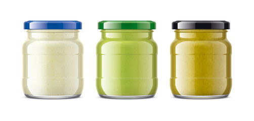 Set of Glass Jars with Sauces, Mustard, Wasabi, Horseradish. 