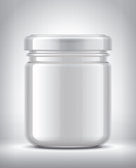 Glass Jar with Dairy Food on Background. 