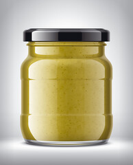 Glass Jar with Mustard on Background. 